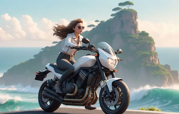Beautiful Girl Riding a Sportbike 3D Character Design Illustration